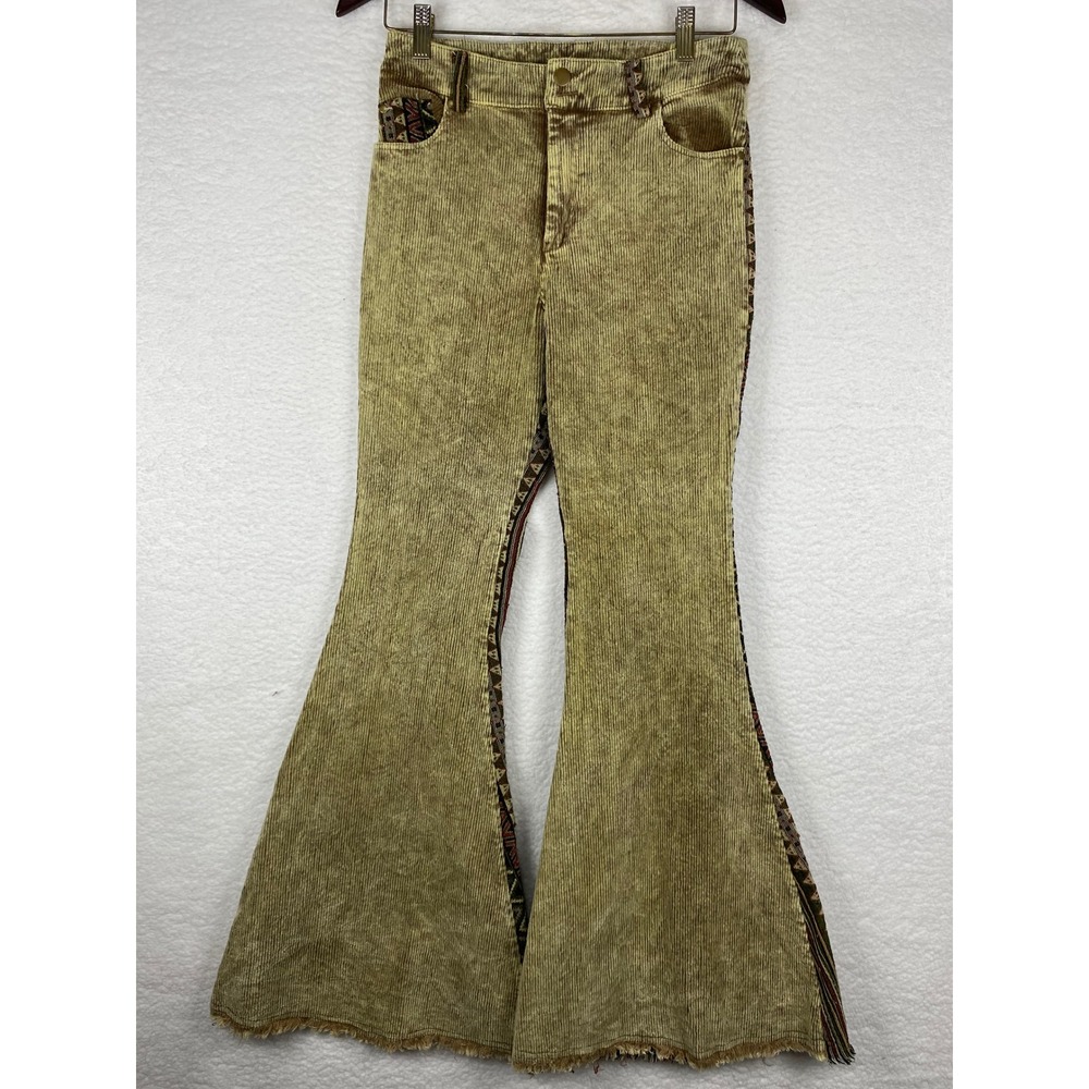 Oli & Hali Women's S Tan Corduroy Southwestern Tapestry Flare Pants Bell Bottoms